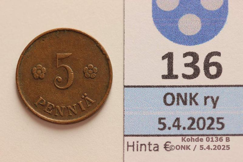 k-0136-b.jpg - Kohde 136 (kuva 2/3), lhthinta: 5 € 5 p 1920 Arvopuolella kaksoispuristus, nkyy hyvin penni-sanassa, kunto: 4