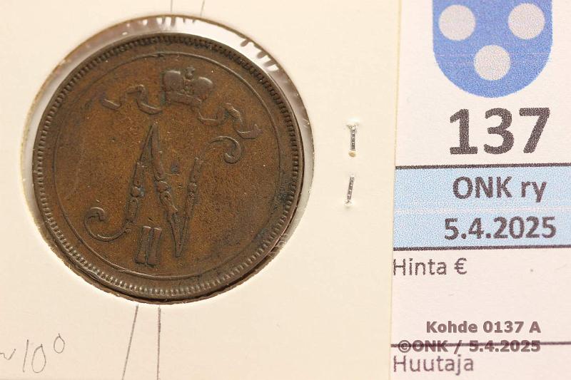 k-0137-a.jpg - Kohde 137 (kuva 1/2), lhthinta: 10 € 10 p 1895 Kiertynyt meisti n. 10, kunto: 3