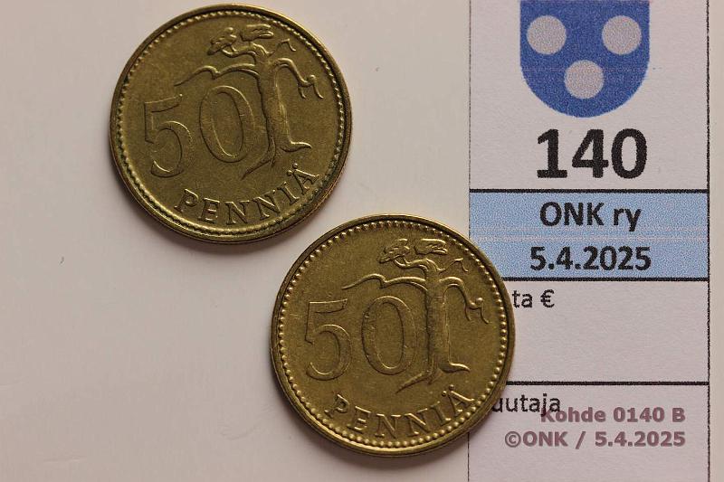 k-0140-b.jpg - Kohde 140 (kuva 2/2), lhthinta: 4 € 50 p 1971 Vuosiluvun 71 numerot nkyvt vaivoin, muuten normaali meisti. Verrokkina 1971 kaksoisrenkain, kunto: 6