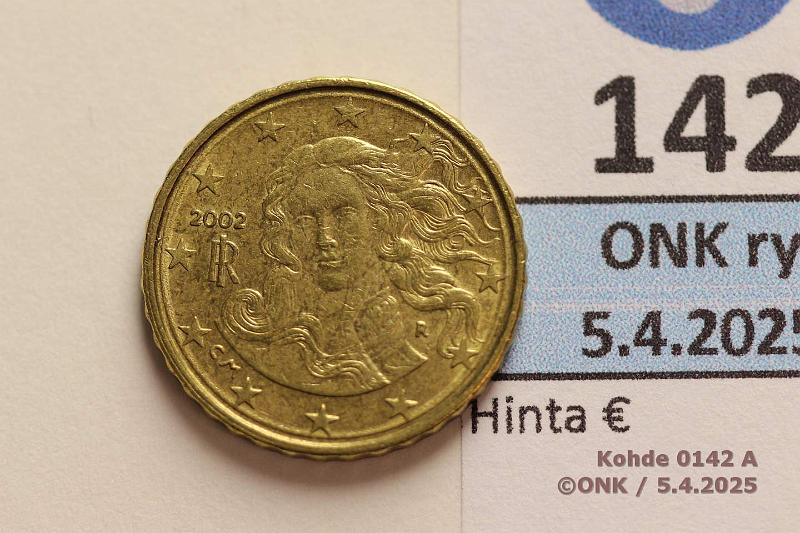 k-0142-a.jpg - Kohde 142 (kuva 1/2), lhthinta: 5 € 10 snt Italia 2002 Molemmilla puolilla selke ylim. rengas, kunto: 7