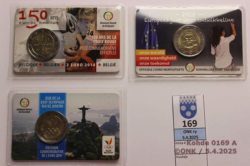 k-0169-a.jpg - Kohde 169 (kuva 1/2), lhthinta: 27 € 2 € (3) Belgia 2014, -15, -16 Kyttjuhlarahat korteissa, kunto: 9