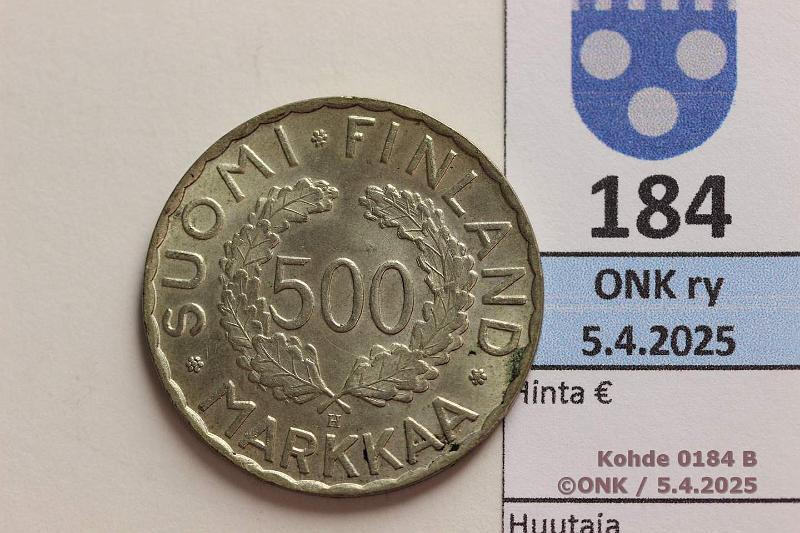 k-0184-b.jpg - Kohde 184 (kuva 2/2), lhthinta: 5 € 500 mk 1952 Ag, kunto: 8