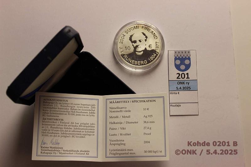 k-0201-b.jpg - Kohde 201 (kuva 2/2), lhthinta: 12 € 10 € 2004 Ag, Proof, Runeberg, kotelo, tod, kaps sr, p.hapettumaa, kunto: 10