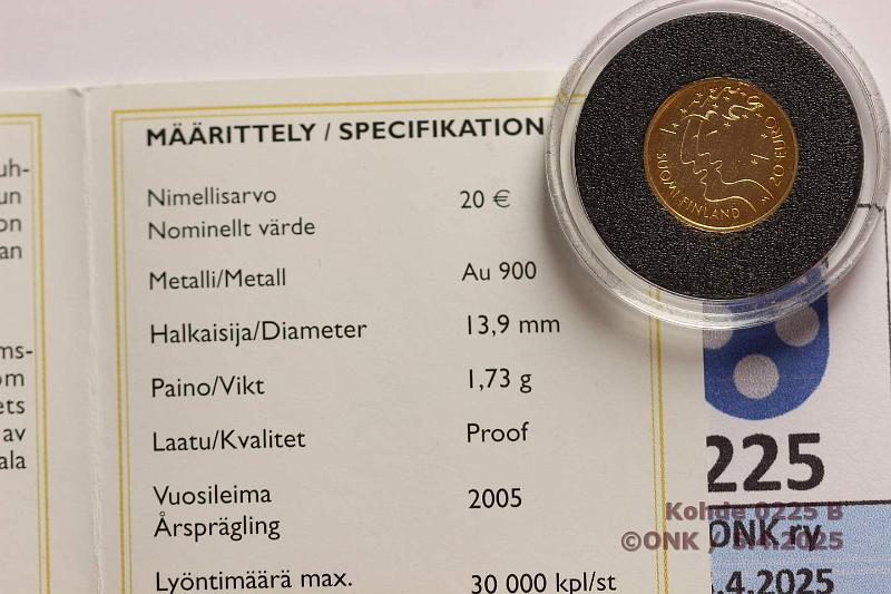 k-0225-b.jpg - Kohde 225 (kuva 2/2), lhthinta: 60 € 20 € 2005 Au, 1,73g/900. Proof, YU MM, kotelo, tod, kunto: 10