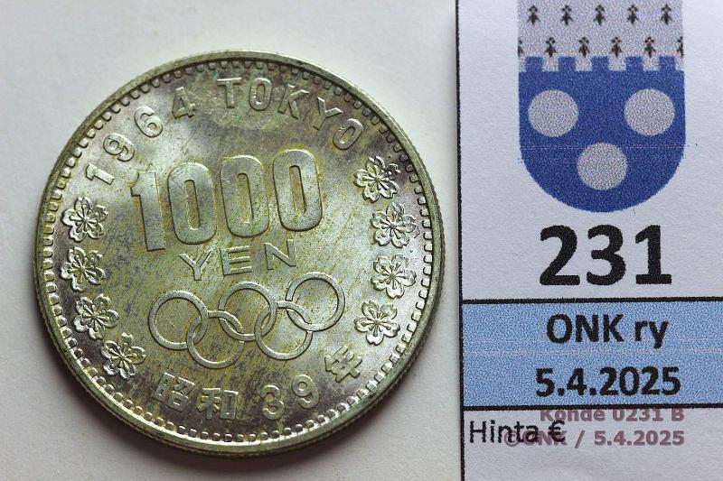 k-0231-b.jpg - Kohde 231 (kuva 2/2), lhthinta: 10 € Japani 1000  1964 Y#80 Ag, 20g/750, Tokio 1964. Patinaa arvopuolella, kunto: 9