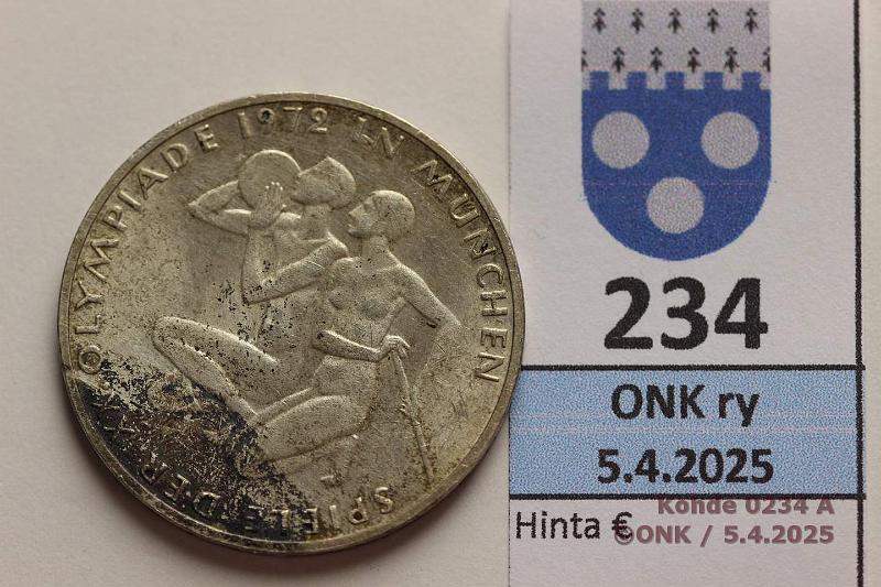 k-0234-a.jpg - Kohde 234 (kuva 1/2), lhthinta: 5 € Saksa 10 mk 1972 F KM#132 Ag, 15,5g/625, Mnchen 1972, Athleten. Patinaa, kunto: 6