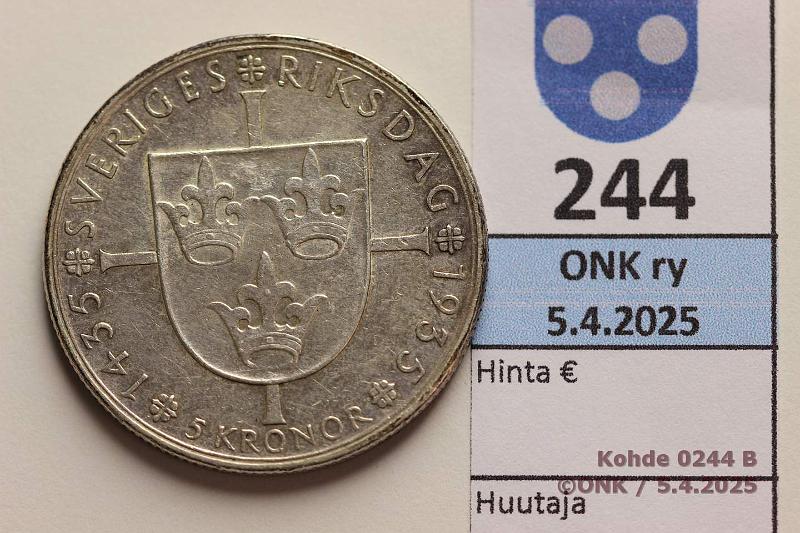 k-0244-b.jpg - Kohde 244 (kuva 2/2), lhthinta: 10 € Ruotsi 5 kr 1935 KM#806 Ag, 25,1g/900, hnja, kunto: 7