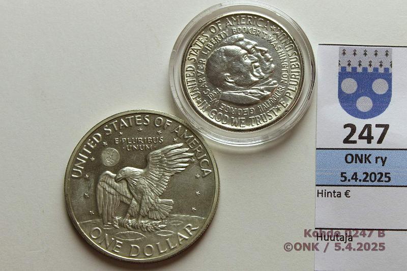 k-0247-b.jpg - Kohde 247 (kuva 2/2), lhthinta: 20 € USA  + 1 $ 1954, -71 KM#200, 203 Ag, 12,5g/900 $-54 Carver; CuNi 1$-71 Eisenhower, kunto: 8