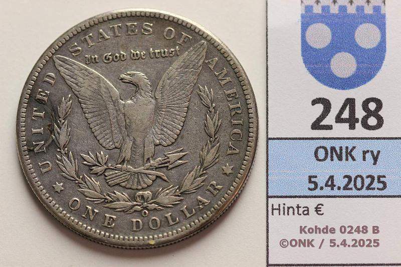 k-0248-b.jpg - Kohde 248 (kuva 2/2), lhthinta: 20 € USA 1 $ 1899 O KM#110 Ag, 26,7g/900. Morgan dollar, kunto: 5