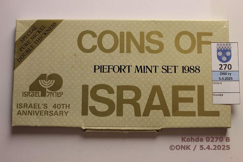 k-0270-b.jpg - Kohde 270 (kuva 2/2), lhthinta: 8 € Israel vuosisarja 1988 1, 5, 10 agora, , 1 new sheqel, Israel 40v, pahvikansissa, kunto: 9