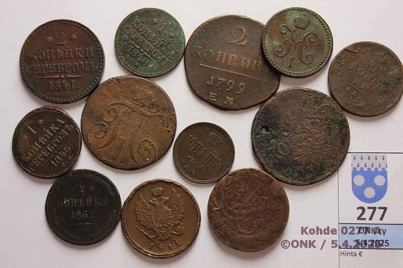 k-0277-a.jpg - Kohde 277 (kuva 1/2), lhthinta: 10 € Venj kuparia 1757-1864 (12) 1k 1840 СПМ, -42 ЕМ, -46 СМ, -64 ЕМ(kl 5); 2k 1757, -97 Е.М., -99 Е.М., -??, 1811(2) ЕМ НМ+СПБ ПС, -41 С.П.М., -62 Е.М., kunto: 1-5