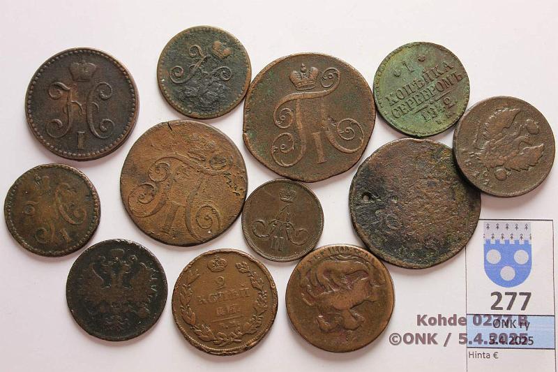 k-0277-b.jpg - Kohde 277 (kuva 2/2), lhthinta: 10 € Venj kuparia 1757-1864 (12) 1k 1840 СПМ, -42 ЕМ, -46 СМ, -64 ЕМ(kl 5); 2k 1757, -97 Е.М., -99 Е.М., -??, 1811(2) ЕМ НМ+СПБ ПС, -41 С.П.М., -62 Е.М., kunto: 1-5