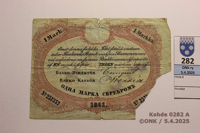 k-0282-a.jpg - Kohde 282 (kuva 1/2), lhthinta: 200 € 1 mk 1861 SNY 107 257352 Trnqvist-Wendell, oikea kulma puuttuu, kunto: 1