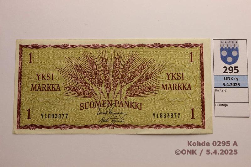 k-0295-a.jpg - Kohde 295, lhthinta: 10 € 1 mk 1963 SNY 114.1.1 Y1883877 LEI-AAs, kulmataitokset, kunto: 6