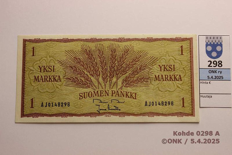 k-0298-a.jpg - Kohde 298, lhthinta: 20 € 1 mk 1963 SNY 114.1.1 AJ0148298 RO II-Ara. Ak-pari vain AJ sarjassa 10 000 kpl, kunto: 7