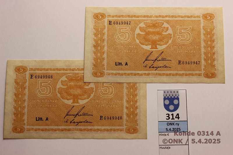 k-0314-a.jpg - Kohde 314, lhthinta: 20 € 5 mk 1945 LA (2) SNY 134.1.1 E6949946-47 RAI-Car, perkkiset, kunto: 9