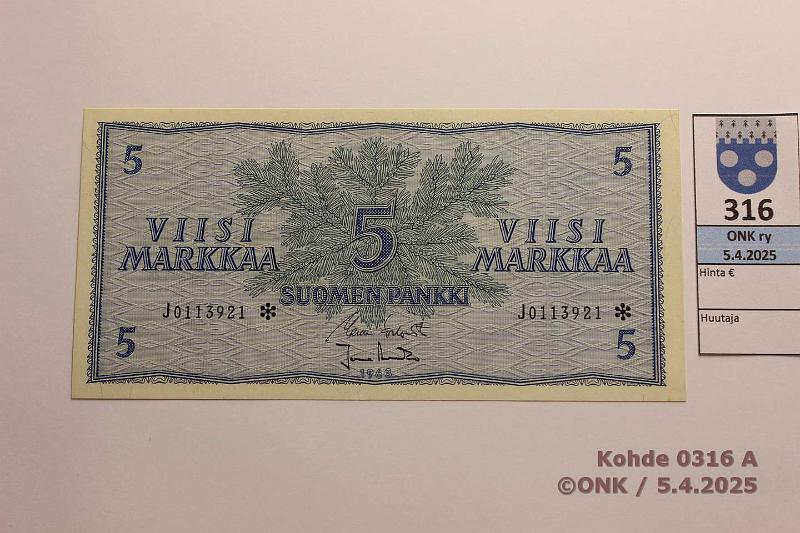 k-0316-a.jpg - Kohde 316 (kuva 1/2), lhthinta: 150 € 5 mk 1963 J* SNY 135.2.2 J0113921* KO I-Ara, korvaava, kunto: 9