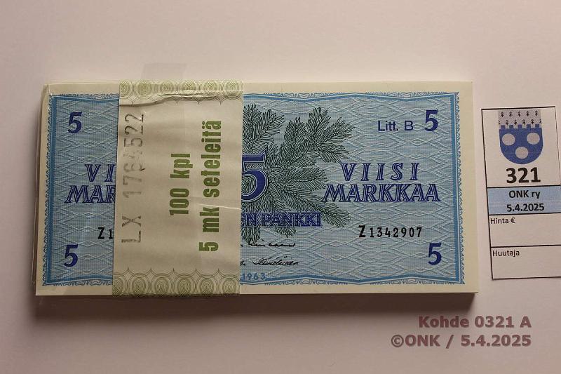 k-0321-a.jpg - Kohde 321 (kuva 1/2), lhthinta: 95 € 5 mk 1963 LB (85) SNY 135.5.1 Z1342907-2991 LIN-H1, avattu vajaa pakka, kunto: 9