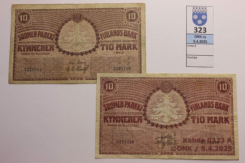 k-0323-a.jpg - Kohde 323 (kuva 1/2), lhthinta: 20 € 10 mk 1909, -18 SNY 141.1.2 + 142 3001761 COL-The (3,5mm sn:o); 6233336 BRG-His, harv ak-pari (v), kunto: 3, 4