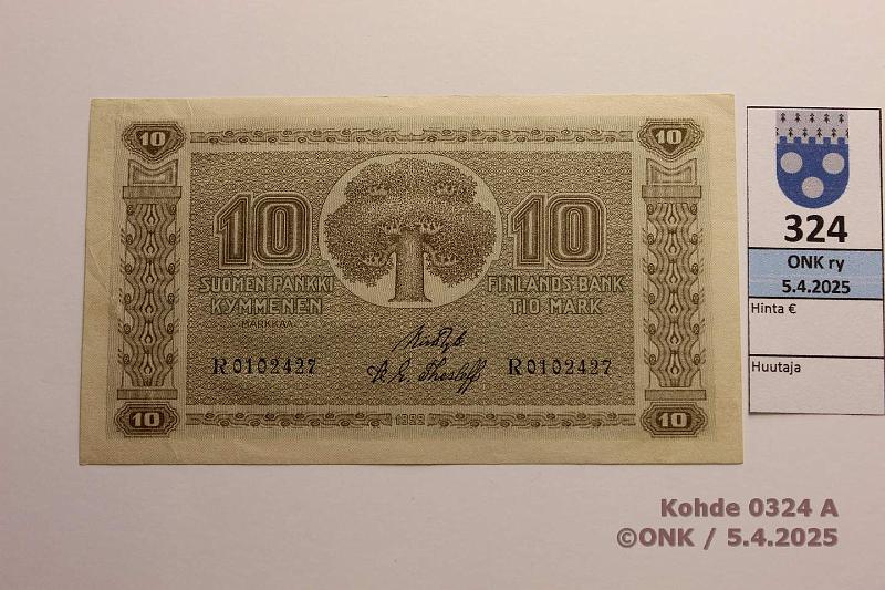 k-0324-a.jpg - Kohde 324 (kuva 1/2), lhthinta: 40 € 10 mk 1922 SNY 143.1 R0102427 RYT-The, harv ak-pari (v), kunto: 7