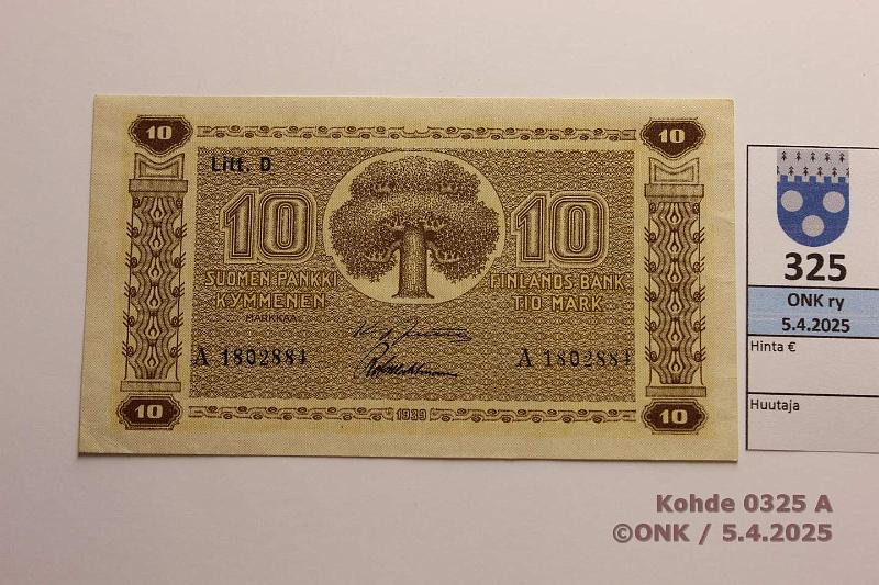 k-0325-a.jpg - Kohde 325 (kuva 1/2), lhthinta: 30 € 10 mk 1939 LD SNY 144.1.1 A1802884 JUT-Wah, kulmakuvio 1, vl 1, kunto: 7