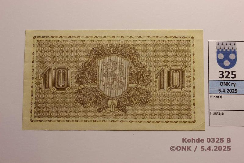 k-0325-b.jpg - Kohde 325 (kuva 2/2), lhthinta: 30 € 10 mk 1939 LD SNY 144.1.1 A1802884 JUT-Wah, kulmakuvio 1, vl 1, kunto: 7