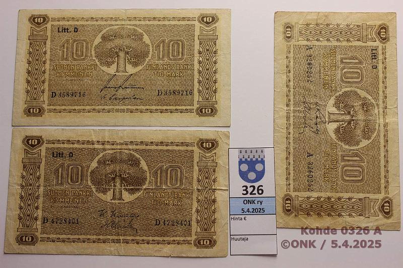 k-0326-a.jpg - Kohde 326 (kuva 1/2), lhthinta: 5 € 10 mk 1939 LD (3) SNY 144.2.2 A..RAN-Als, D..RAI-Car, D..KIV-Als (kk2, vl2), kunto: 3-4