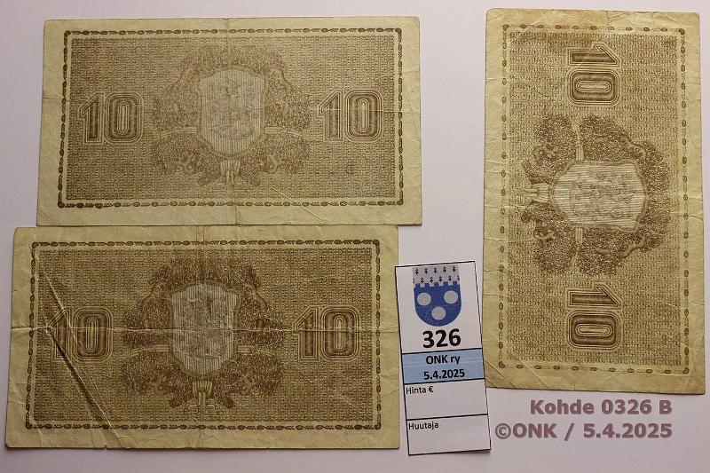 k-0326-b.jpg - Kohde 326 (kuva 2/2), lhthinta: 5 € 10 mk 1939 LD (3) SNY 144.2.2 A..RAN-Als, D..RAI-Car, D..KIV-Als (kk2, vl2), kunto: 3-4