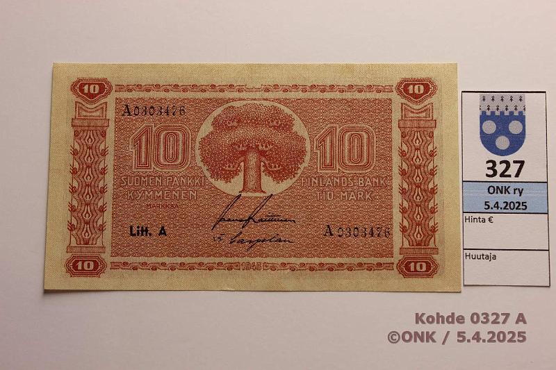 k-0327-a.jpg - Kohde 327 (kuva 1/2), lhthinta: 15 € 10 mk 1945 LA SNY 145.1.1 A0303476 RAI-Car, painuma, kunto: 9