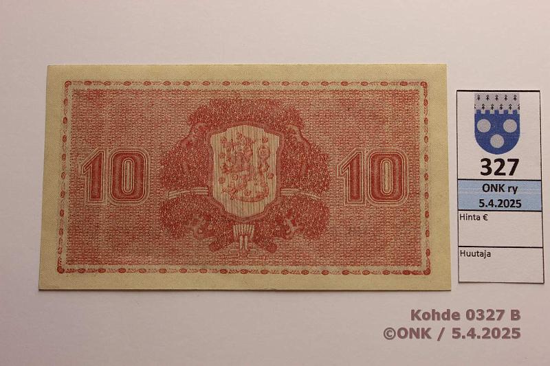 k-0327-b.jpg - Kohde 327 (kuva 2/2), lhthinta: 15 € 10 mk 1945 LA SNY 145.1.1 A0303476 RAI-Car, painuma, kunto: 9