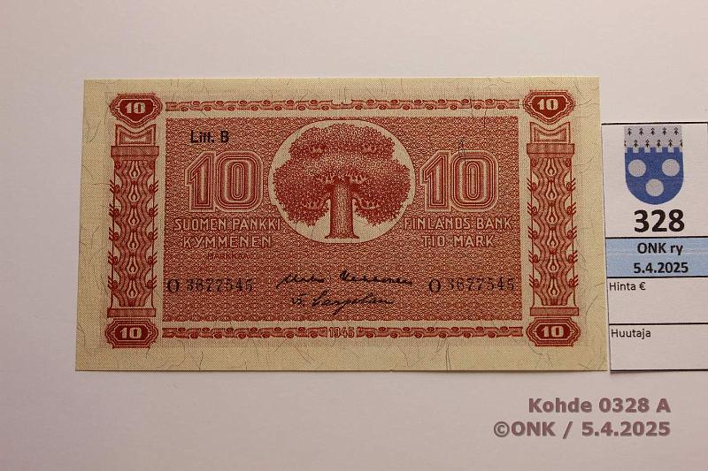 k-0328-a.jpg - Kohde 328 (kuva 1/2), lhthinta: 10 € 10 mk 1945 LB SNY 145.2.1 O3677545 KEK-Car, kunto: 9