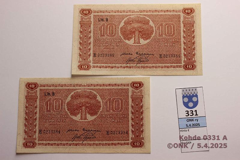 k-0331-a.jpg - Kohde 331, lhthinta: 12 € 10 mk 1945 LB (2) SNY 145.2.1 E0273384-85 KEK-AAs, perkkiset, kunto: 8