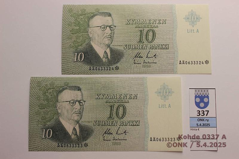 k-0337-a.jpg - Kohde 337, lhthinta: 15 € 10 mk 1963 LA A* (2) SNY 146.4.8 0633323-24 KO II-Hes, perkkiset korvaavat, kunto: 9