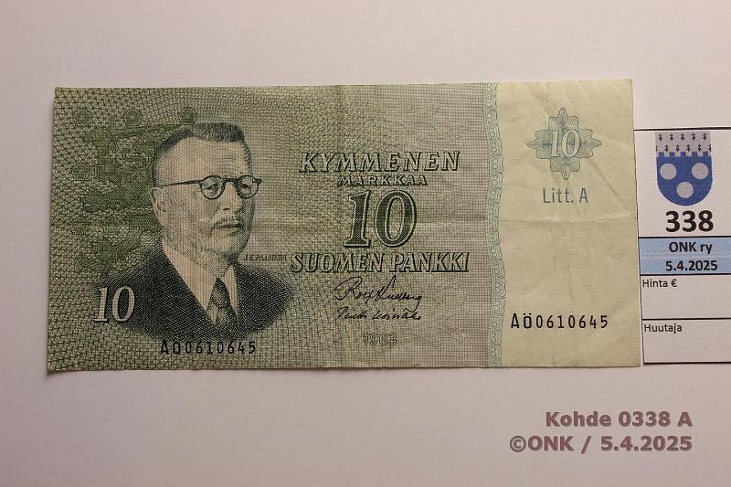 k-0338-a.jpg - Kohde 338, lhthinta: 50 € 10 mk 1963 LA A SNY 146.4.9 A0610645 KU I-Ko1, eprep, korvaava, kunto: 4