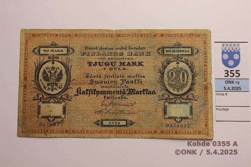 k-0355-a.jpg - Kohde 355 (kuva 1/2), lhthinta: 120 € 20 mk 1883 SNY 152.2 0371617 Wallenius-Landtman, rep, reiki, likaa, kunto: 3