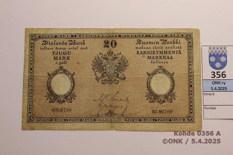 k-0356-a.jpg - Kohde 356 (kuva 1/2), lhthinta: 150 € 20 mk 1894 SNY 153 0586789 Charpentier-Ahlfors, prep, keskireik, likaa, kunto: 3