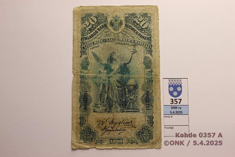 k-0357-a.jpg - Kohde 357 (kuva 1/2), lhthinta: 40 € 20 mk 1898 SNY 154.1 0432221 WEG-Jg, rep, reiki, huonot reunat, kunto: 2