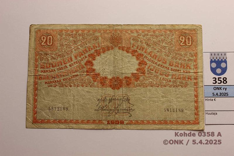 k-0358-a.jpg - Kohde 358 (kuva 1/2), lhthinta: 20 € 20 mk 1909 SNY 156.2 5812189 JR-His, eprep, keskireik, kunto: 3