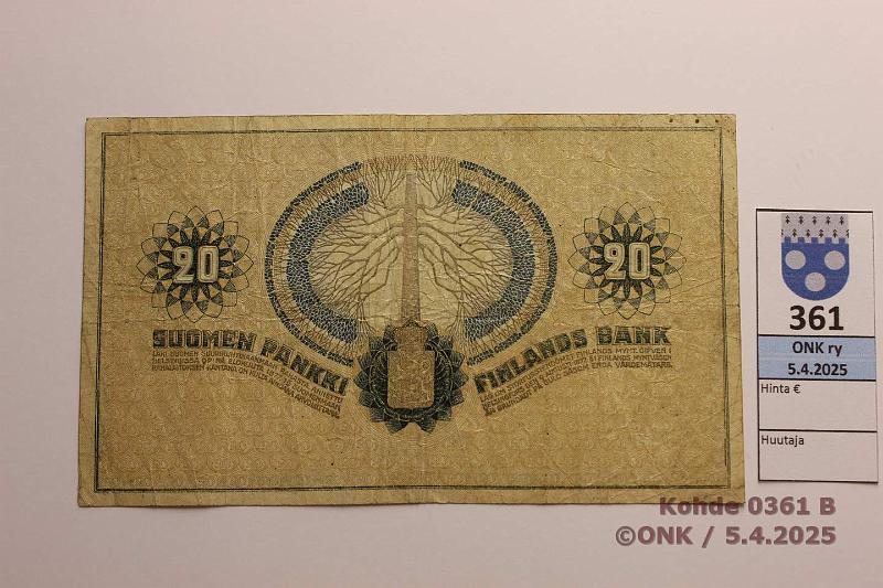 k-0361-b.jpg - Kohde 361 (kuva 2/2), lhthinta: 20 € 20 mk 1918 SNY 157 5765534 JR-Ml, likaa, kunto: 4