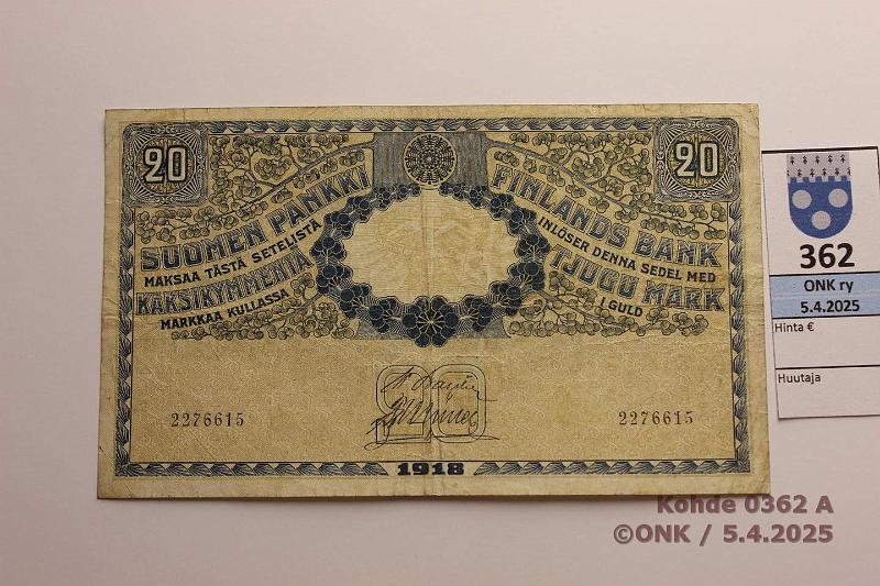 k-0362-a.jpg - Kohde 362 (kuva 1/2), lhthinta: 20 € 20 mk 1918 SNY 157 2276615 BA II-Ml, kunto: 4