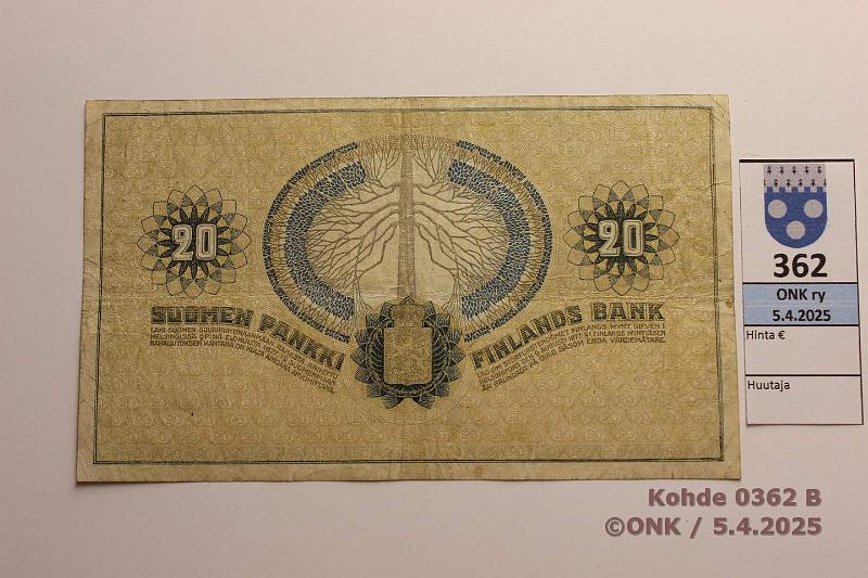 k-0362-b.jpg - Kohde 362 (kuva 2/2), lhthinta: 20 € 20 mk 1918 SNY 157 2276615 BA II-Ml, kunto: 4