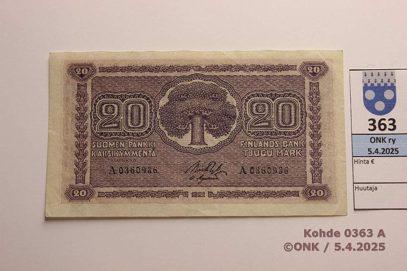 k-0363-a.jpg - Kohde 363 (kuva 1/2), lhthinta: 40 € 20 mk 1922 SNY 158.1 A0360936 RYT-OAs, ylreuna aaltomainen, kunto: 5