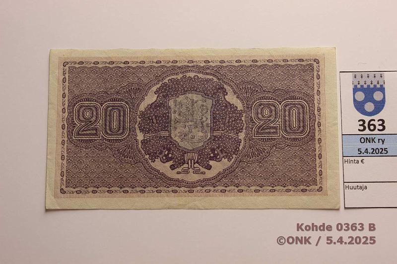 k-0363-b.jpg - Kohde 363 (kuva 2/2), lhthinta: 40 € 20 mk 1922 SNY 158.1 A0360936 RYT-OAs, ylreuna aaltomainen, kunto: 5