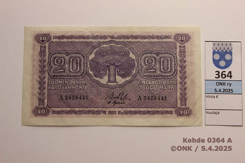 k-0364-a.jpg - Kohde 364 (kuva 1/2), lhthinta: 55 € 20 mk 1922 SNY 158.1 A0408441 RYT-OAs, kunto: 5