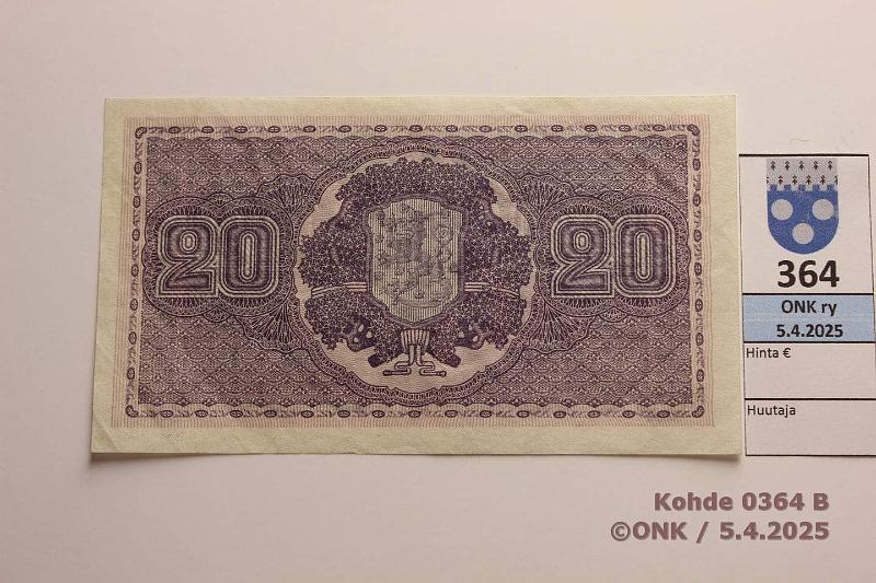 k-0364-b.jpg - Kohde 364 (kuva 2/2), lhthinta: 55 € 20 mk 1922 SNY 158.1 A0408441 RYT-OAs, kunto: 5