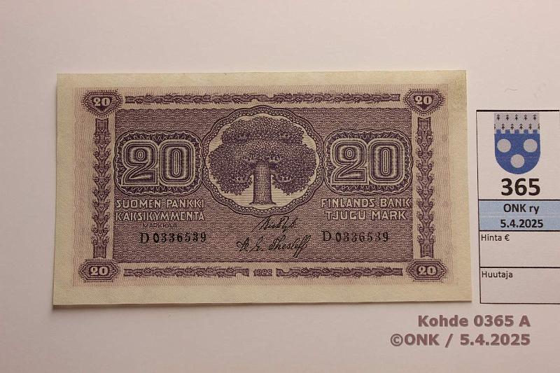 k-0365-a.jpg - Kohde 365 (kuva 1/2), lhthinta: 150 € 20 mk 1922 SNY 158.1 D0336539 RYT-The, hento tahra ylnurkassa, kunto: 9