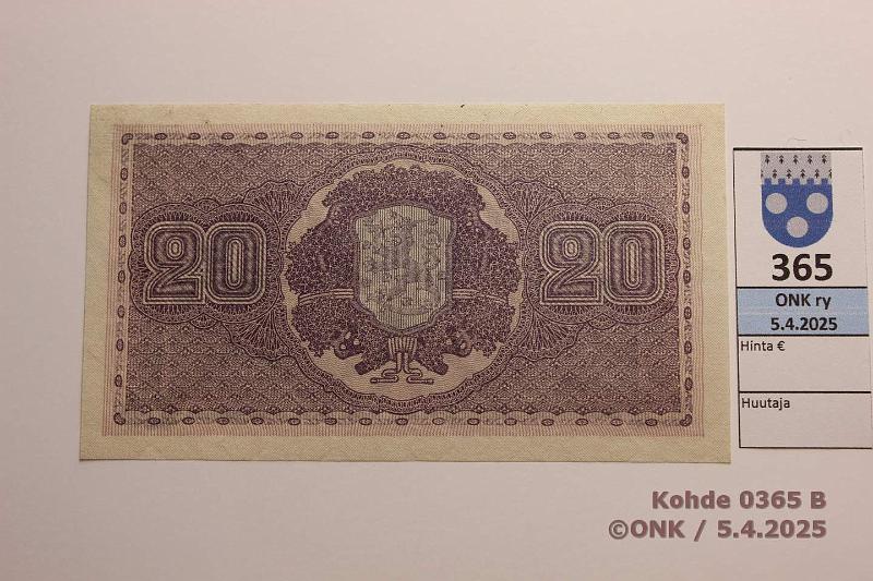 k-0365-b.jpg - Kohde 365 (kuva 2/2), lhthinta: 150 € 20 mk 1922 SNY 158.1 D0336539 RYT-The, hento tahra ylnurkassa, kunto: 9