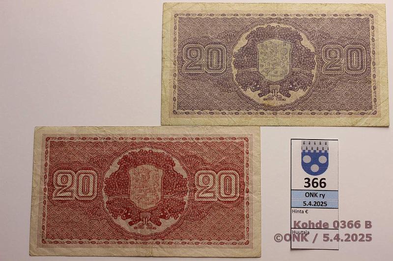 k-0366-b.jpg - Kohde 366 (kuva 2/2), lhthinta: 25 € 20 mk 1922 ja LC SNY 158.1 + .4 B0433851 HEU-The; LC R0244505 BUR-Wah, kunto: 3, 4