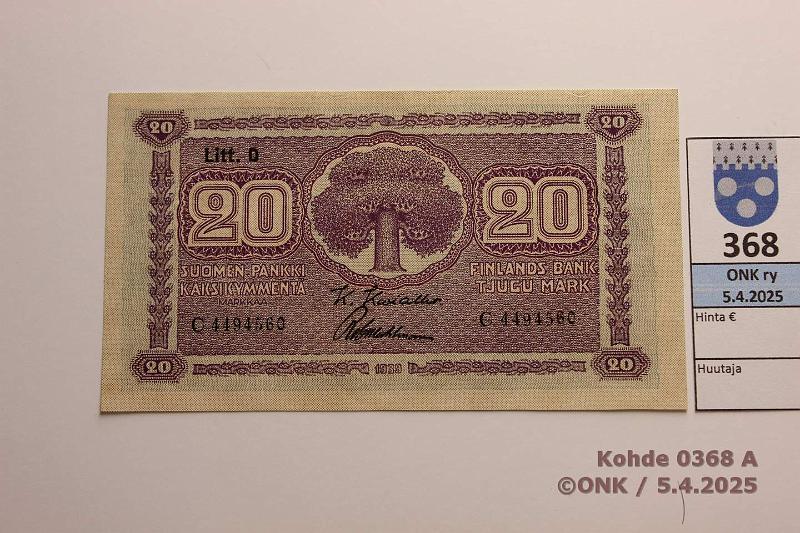 k-0368-a.jpg - Kohde 368 (kuva 1/2), lhthinta: 15 € 20 mk 1939 LD SNY 159.2 C4494560 KIV-Wah, vl 2, kunto: 7