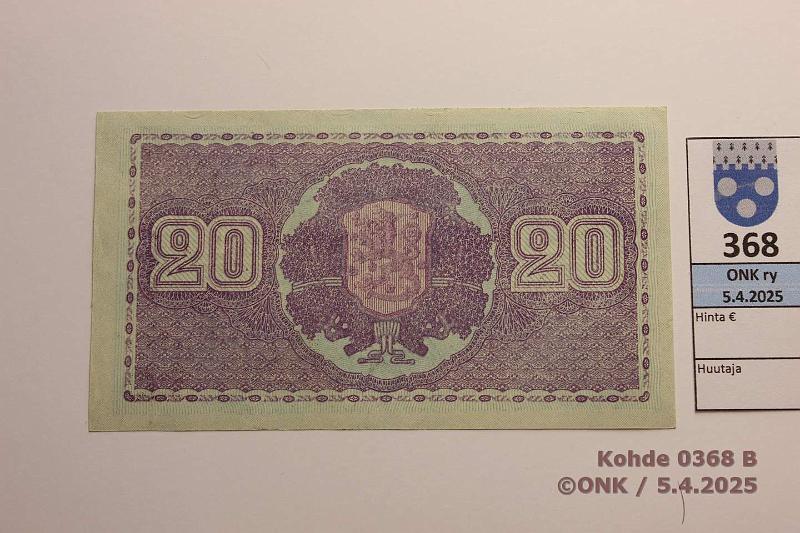 k-0368-b.jpg - Kohde 368 (kuva 2/2), lhthinta: 15 € 20 mk 1939 LD SNY 159.2 C4494560 KIV-Wah, vl 2, kunto: 7